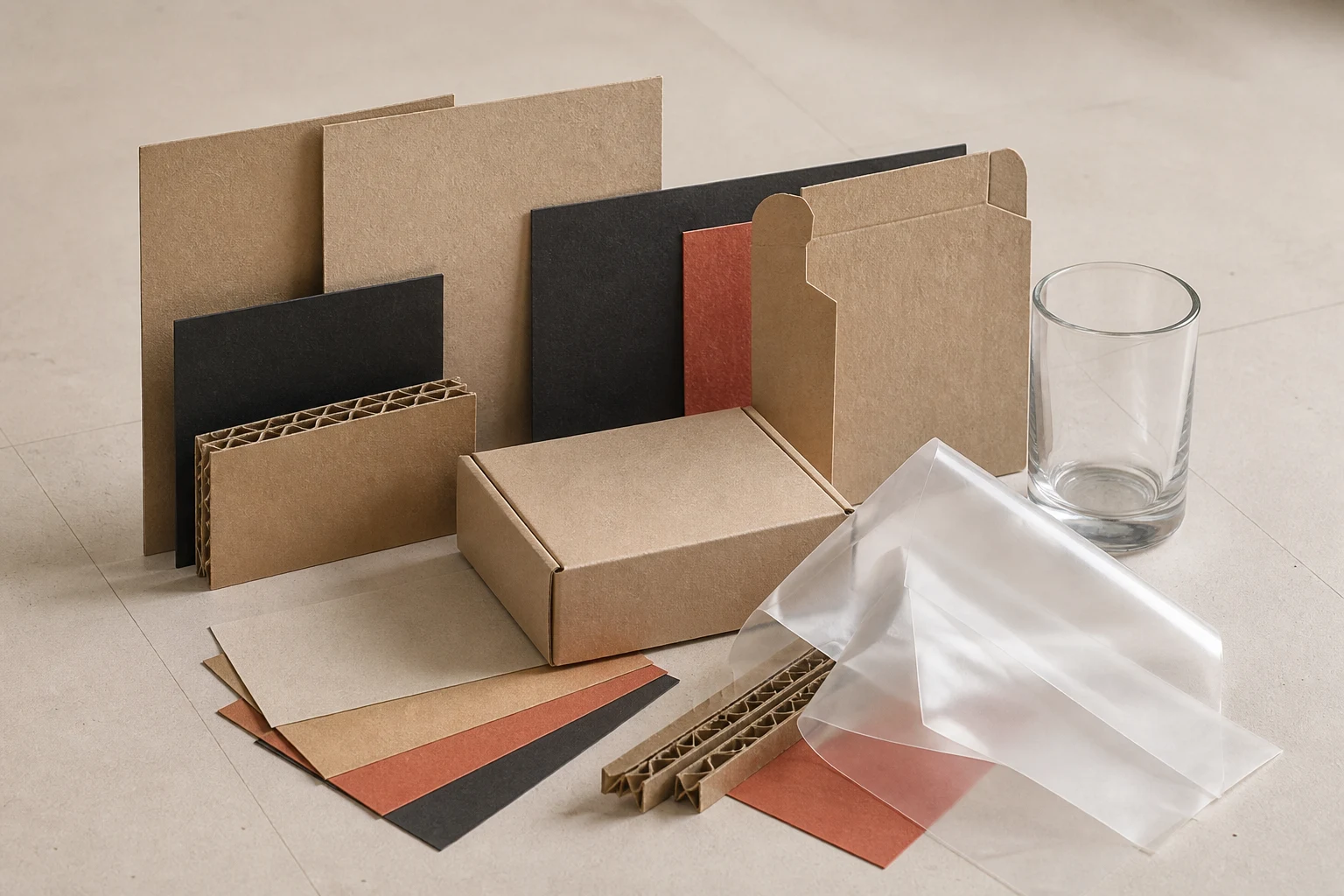 Unbranded samples of paperboard, corrugated board, flexible film and glass arranged for comparison