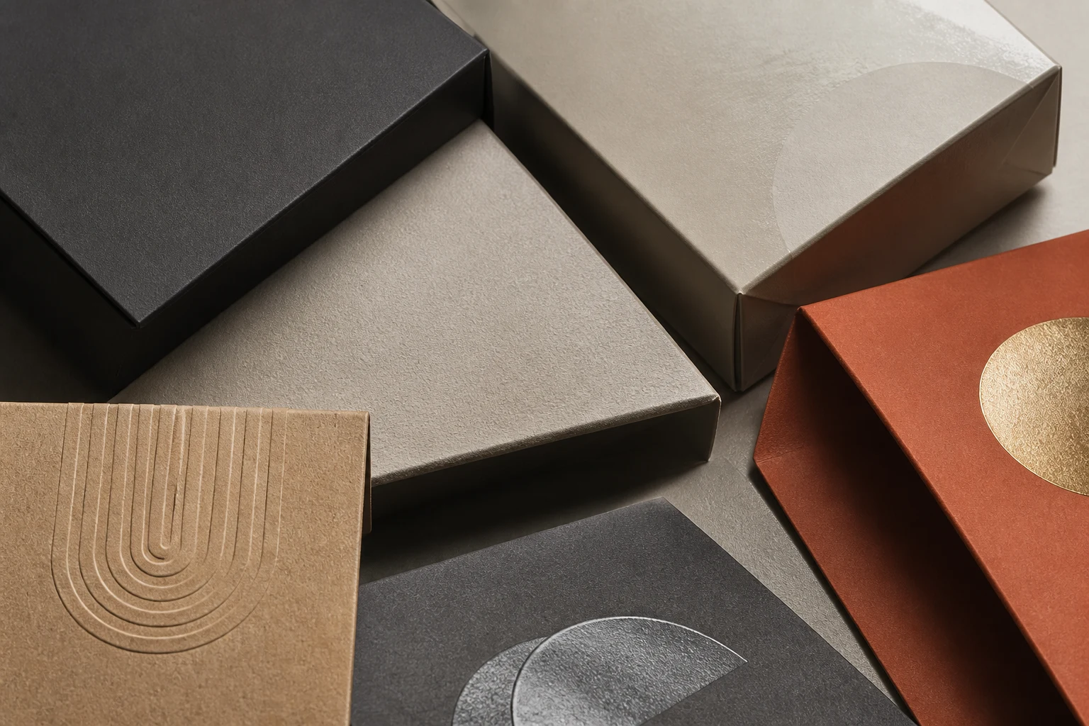 Close study of unbranded cartons with matte, gloss, foil and embossed surfaces