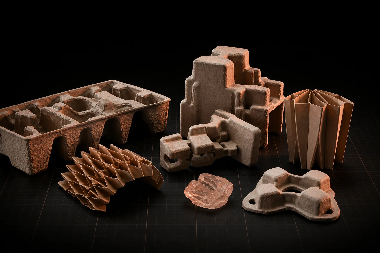 Experimental moulded-fibre and folded-paper protective packaging forms