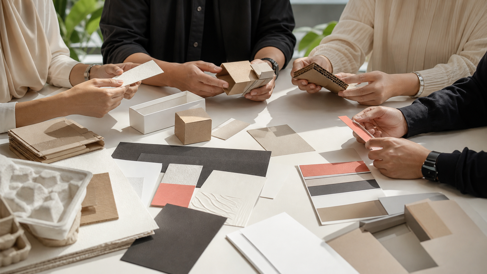 Packaging buyers and designers reviewing unbranded material and structure samples together