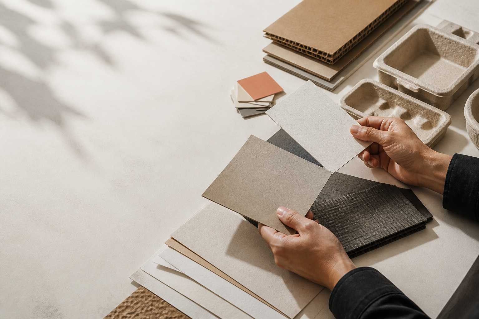 Packaging buyer comparing unbranded material samples for practical Malaysian decisions