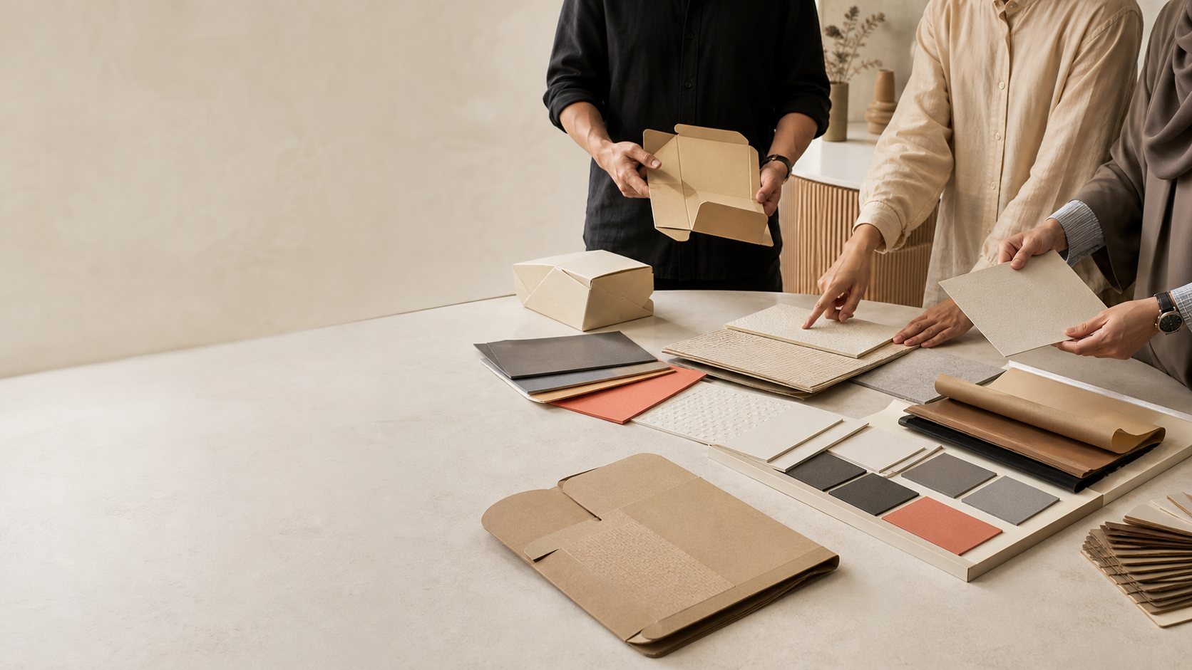 Packaging buyer team reviewing material structure and finish samples together