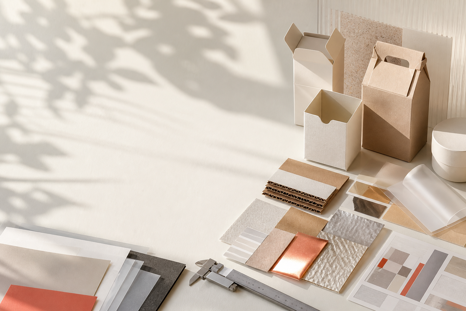 Packaging research desk with samples and evidence notes for buyer first editorial review