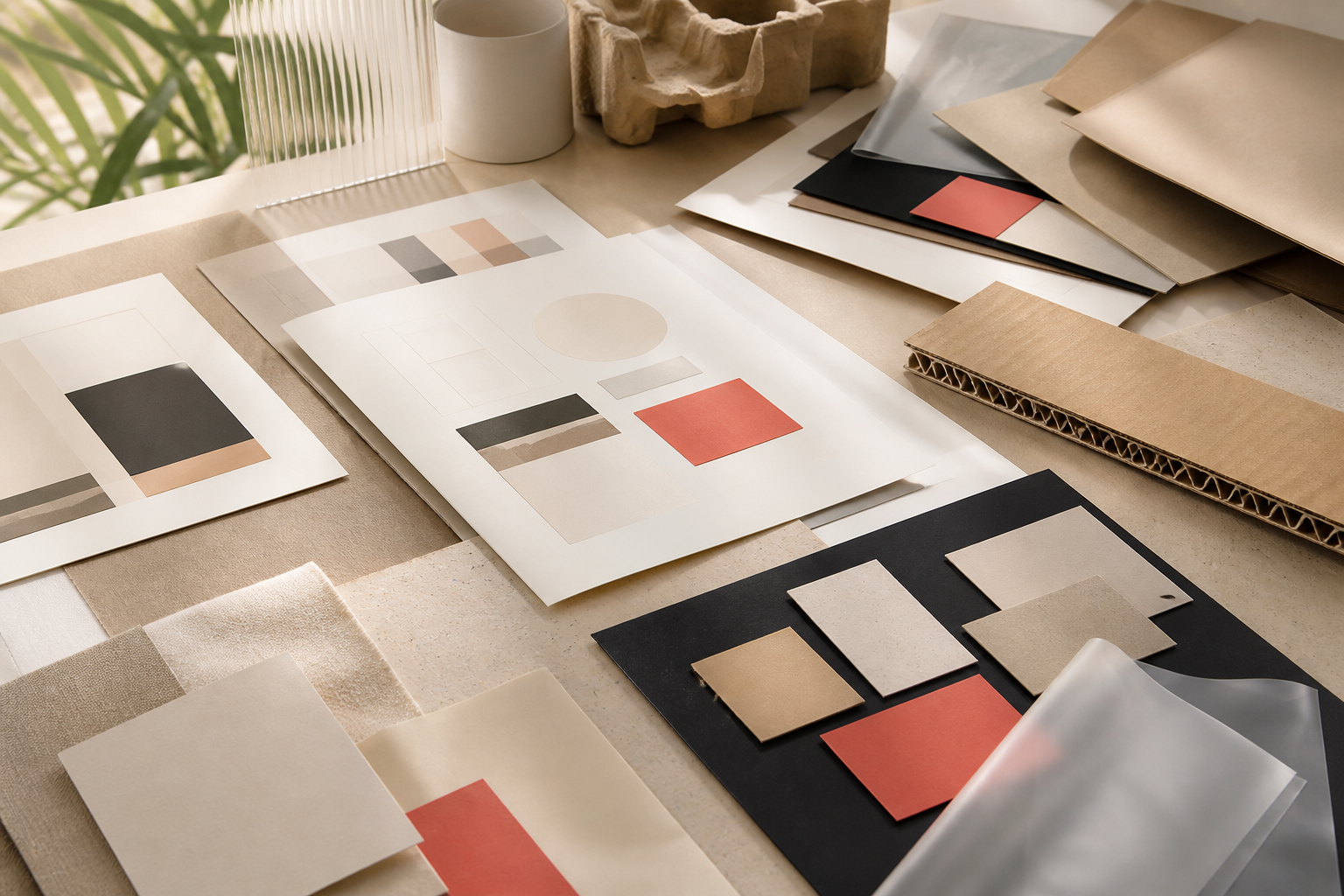 Organised packaging brief with material samples and swatches for Malaysian enquiry