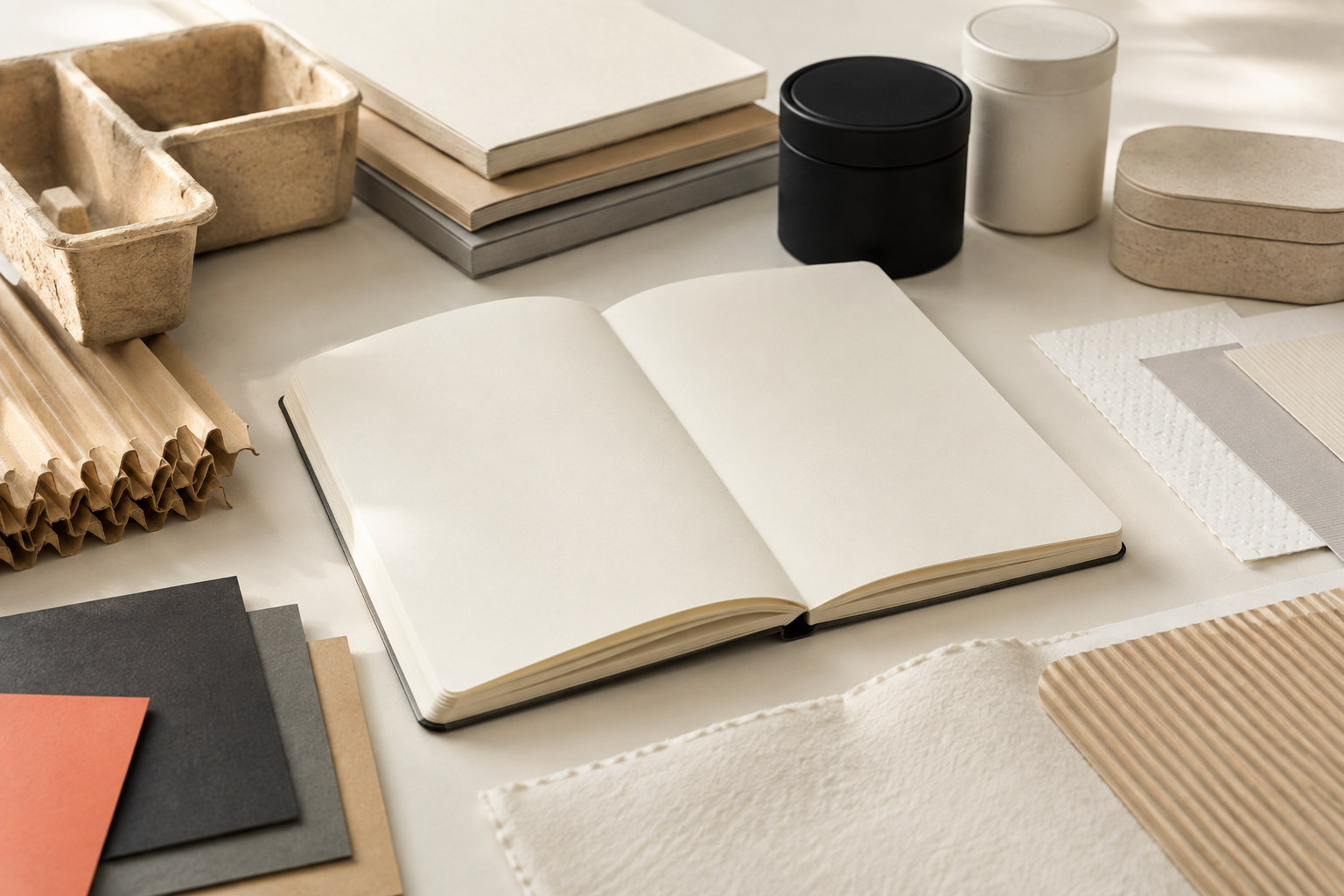 Packaging material and finish samples beside an editorial notebook for Malaysian buyer research