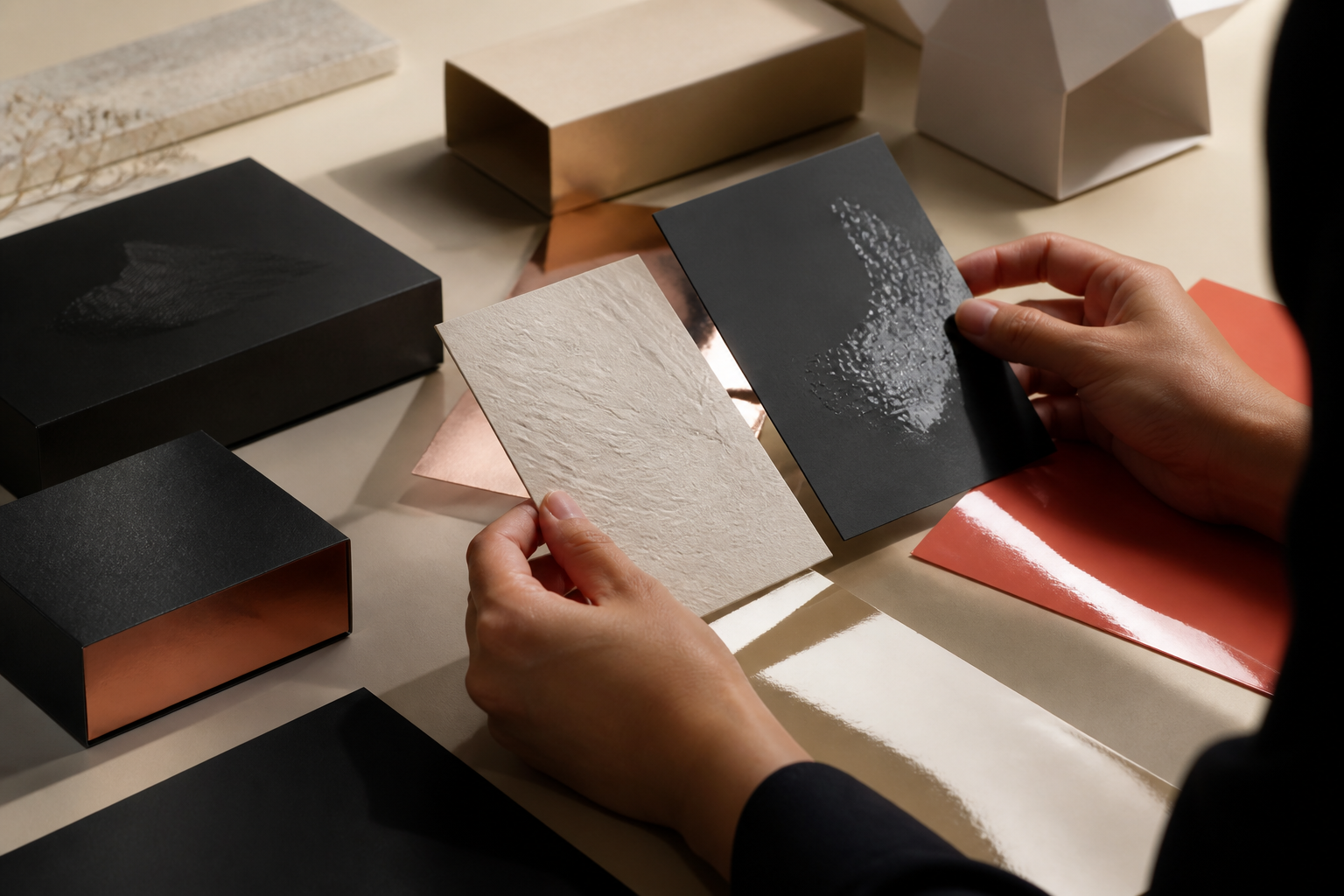 Packaging finish swatches reviewed under controlled light for colour texture and production consistency