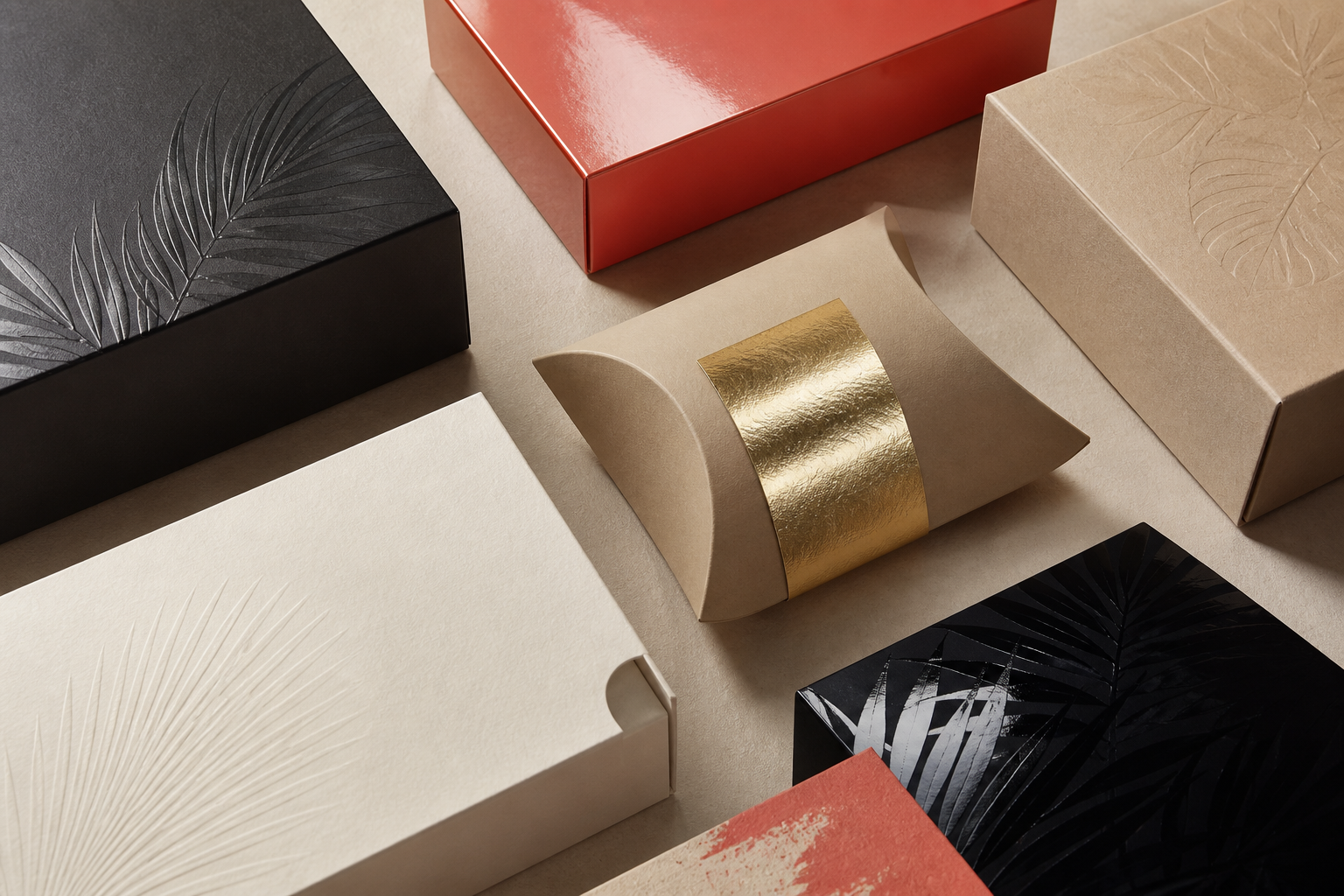 Close study of matte gloss foil spot UV and embossed packaging finishes