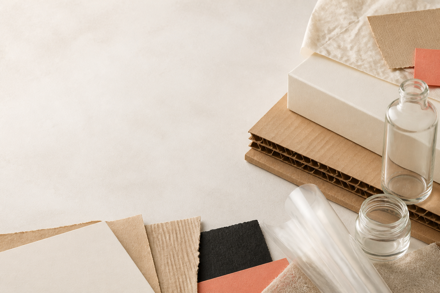 Tactile arrangement of paperboard kraft corrugated board flexible film and glass packaging materials