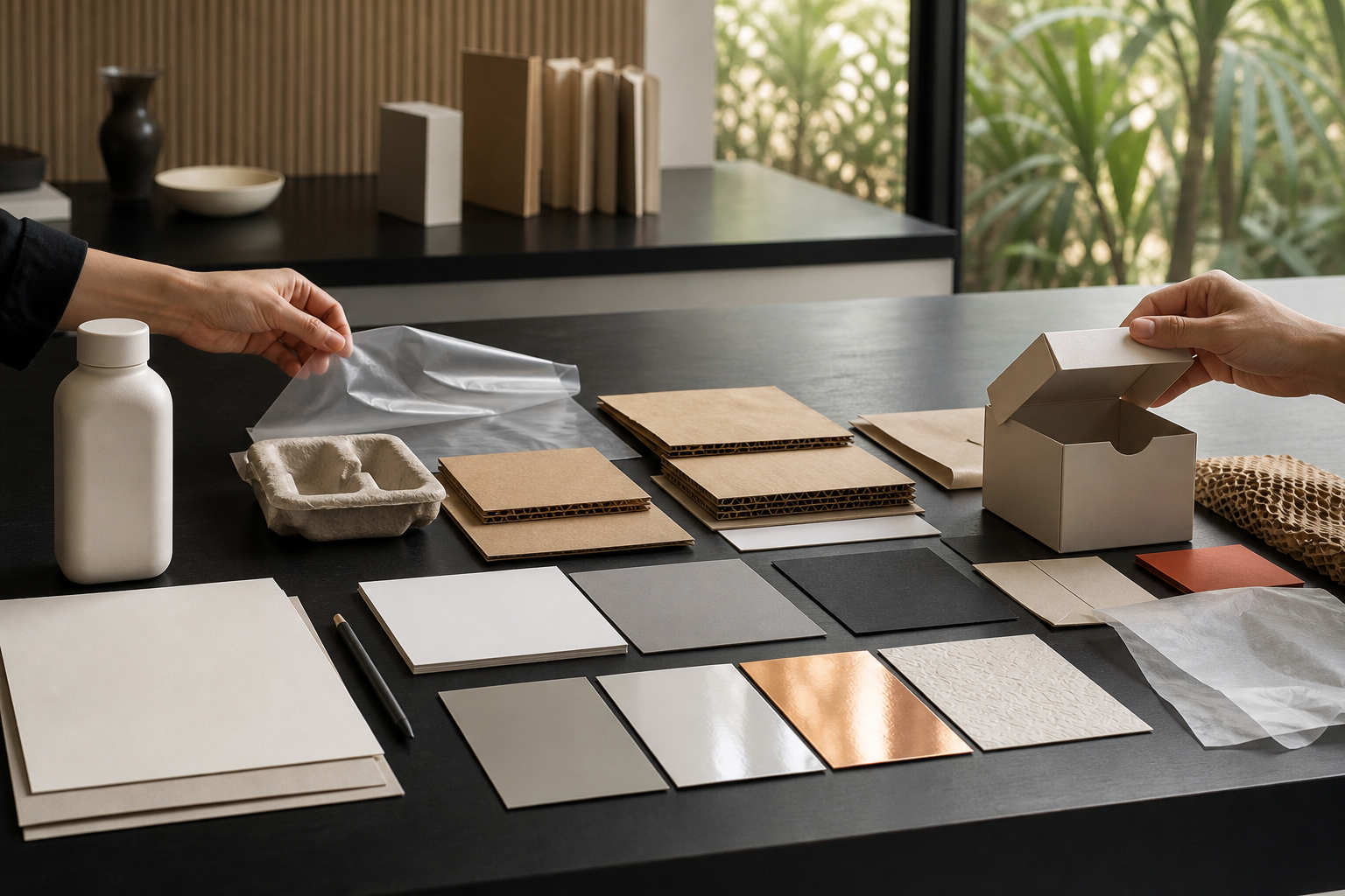 Packaging material samples progressing from product brief through comparison and final validation