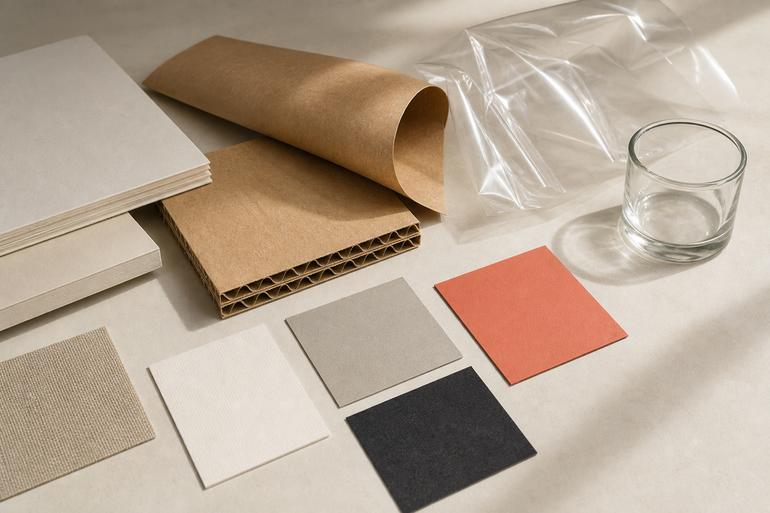 Packaging material samples arranged for comparing protection print moisture cost and recovery considerations