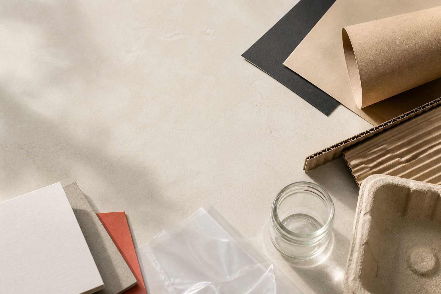 Paperboard kraft corrugated rigid board flexible film and glass samples arranged for packaging comparison