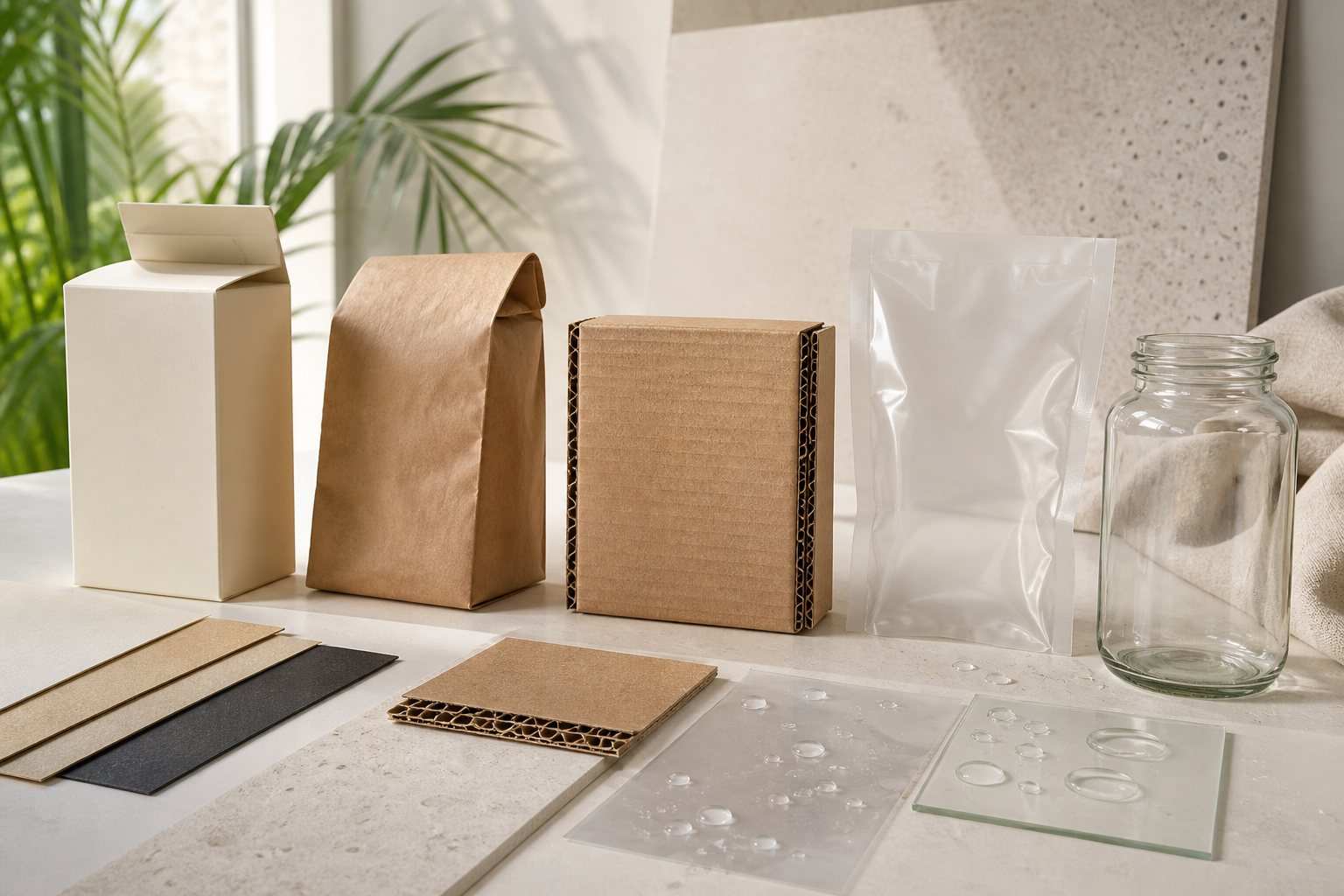 Paperboard kraft corrugated board flexible film and glass packaging samples arranged for comparison