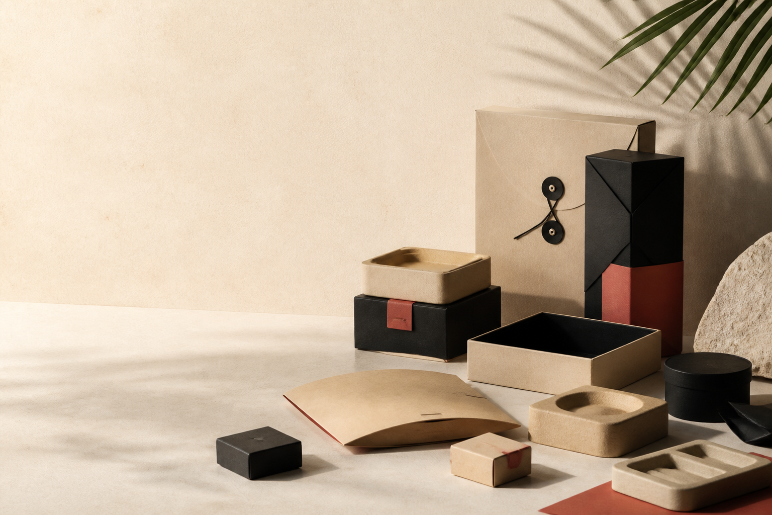 Premium packaging samples demonstrating structure tactility restraint and consistent detail