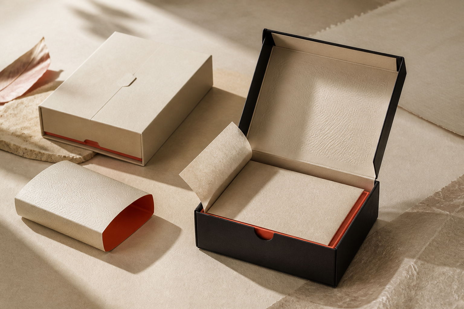 Restrained premium packaging samples showing structure texture precise folds and opening details
