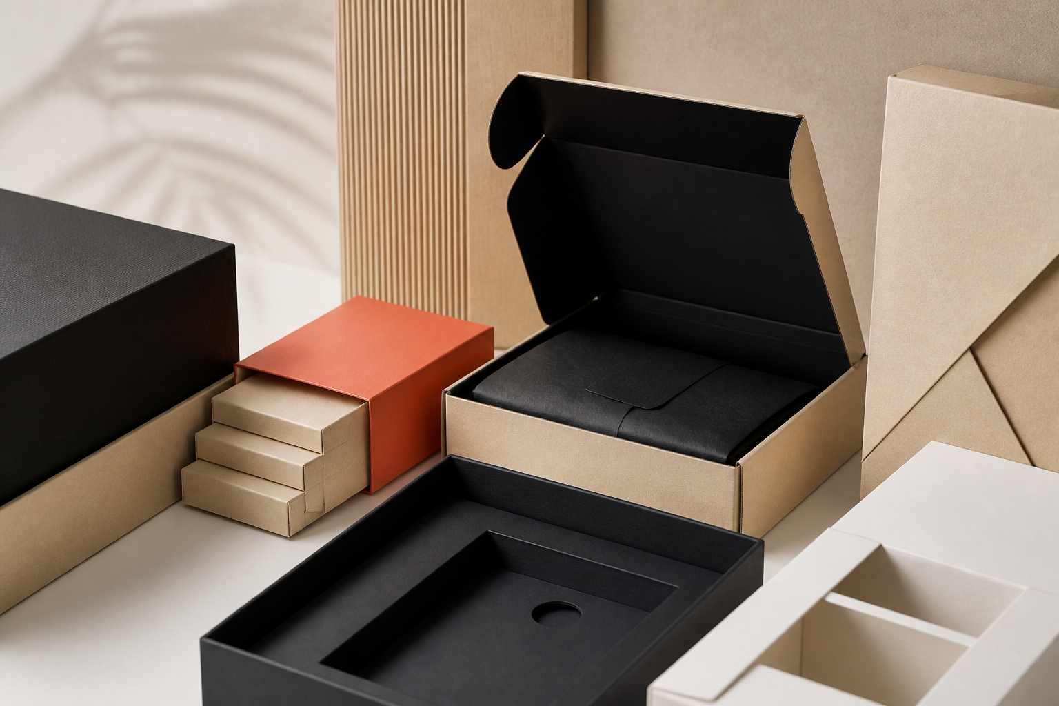 Restrained premium packaging details showing structure tactility opening and consistent finishing