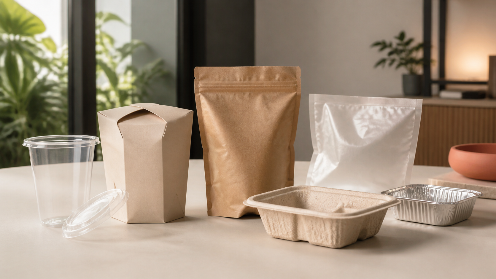 Paperboard boxes, rigid plastic tubs, flexible pouches, aluminium trays and glass jars arranged for a food packaging material comparison