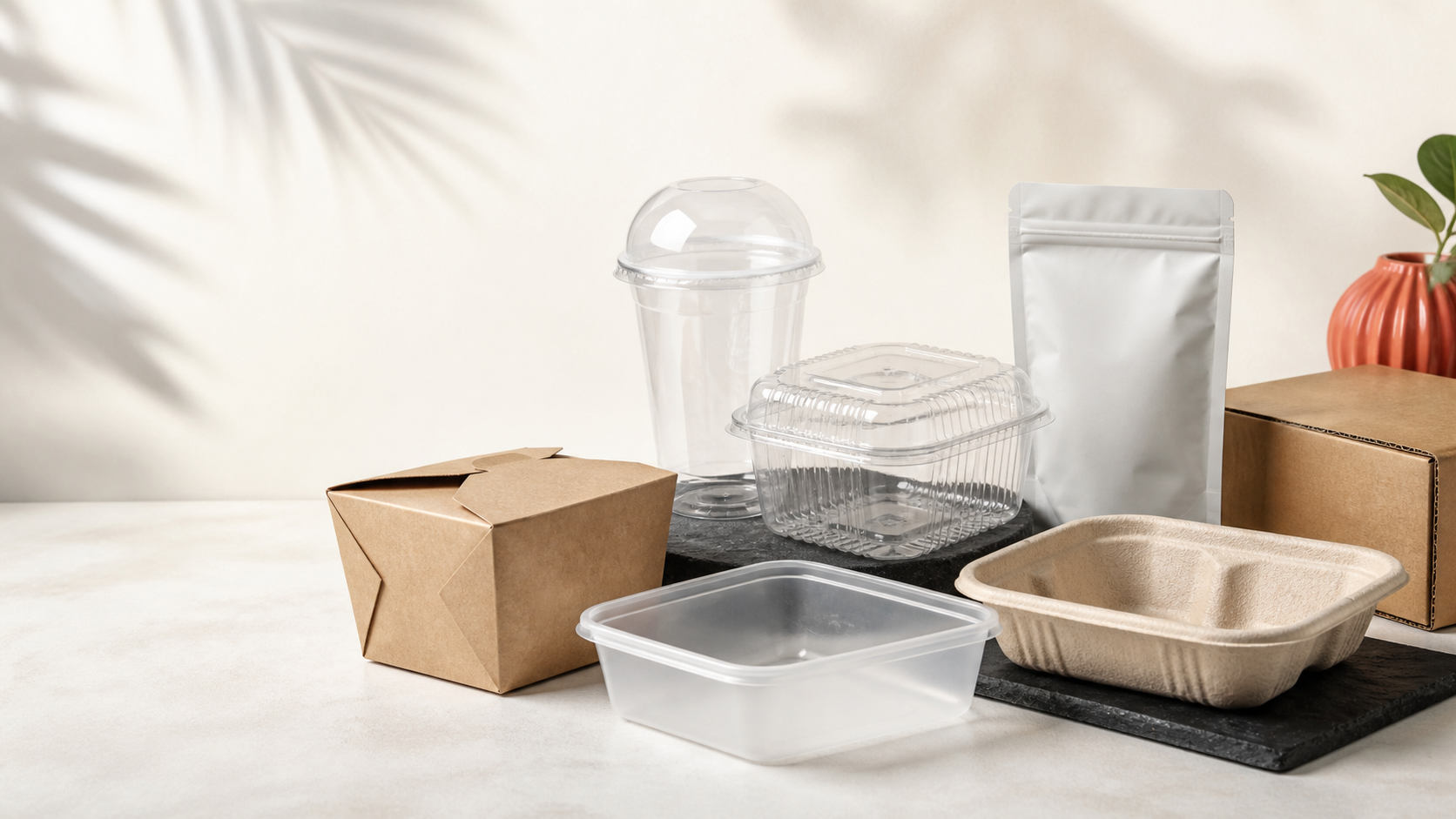 Kraft takeaway carton clear plastic cup and container pouch and moulded fibre tray for comparing food packaging materials